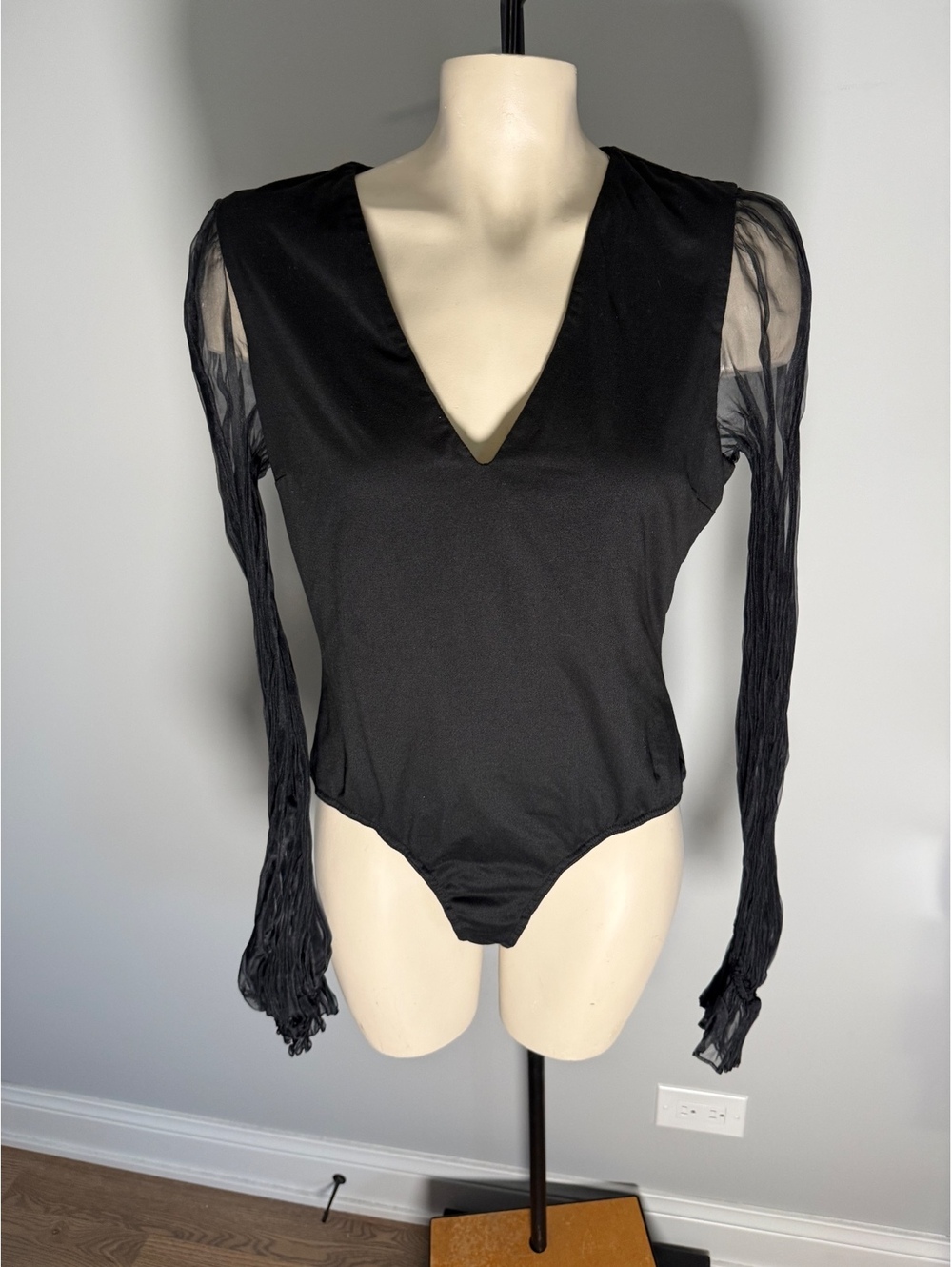 Hutch Black V-Neck Bodysuit with Sheer Long Sleeves